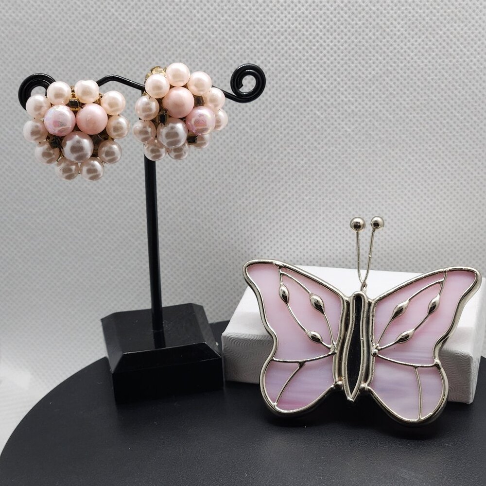 Iridescent Butterfly brooch with vintage pink and cream clip-on beaded earrings.